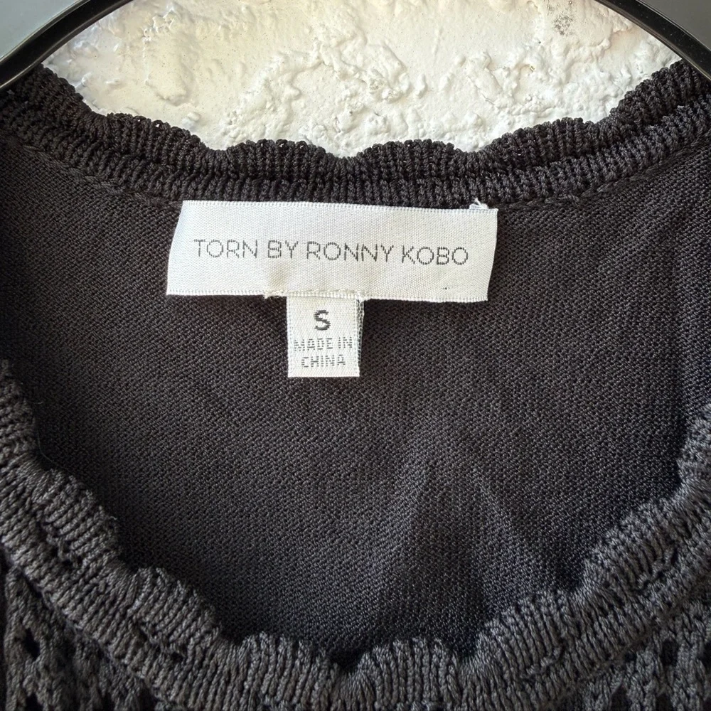 Torn By Ronny Kobo Ryan Black Crochet Knit Fringe Midi Dress Small
